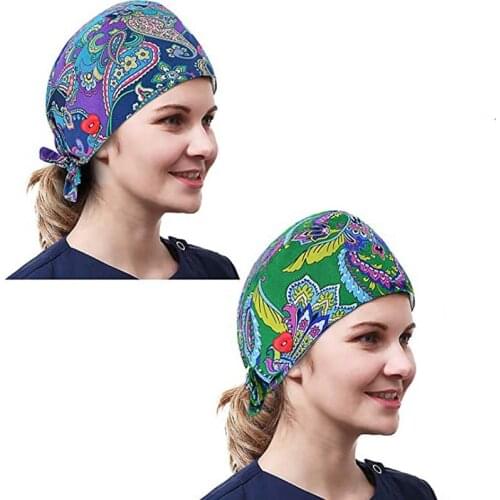Nurse Hats Women Doctor Ethnic Paisley Button Scrub Cap With Ponytail Holder Ties Protect Ears Work Bouffant Hat gorro enfermera