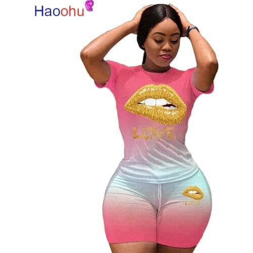 HAOOHU Women Gradient Love Lip Print Sport Two Piece Set O-Neck Tee Tops Shorts Jogger Suit Tracksuit Matching Set Outfits