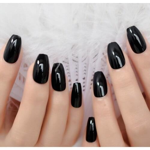 Classic Black UV Coffin False Nails Pure Solid Color Ballerina Fake Nail Artificial Extension Tips for Finger Free Glue Sticker