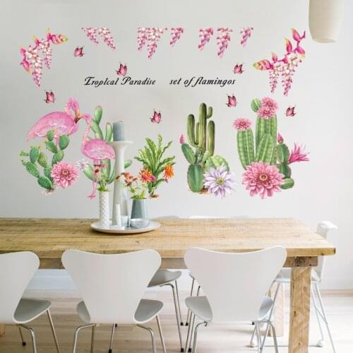 Room with Big Cactus Green Plant Flamingo Flower Wall Sticker for Living Room Bedroom Wedding Room Childrens Room Sticker PVC