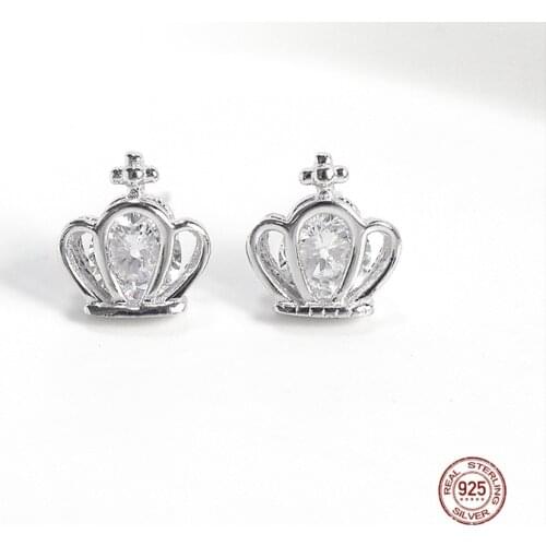 LKO Fashion Jewelry Shining Crystal 925 Sterling Silver Stud Earrings For Women Princess Crown Earrings Wedding Party Gifts