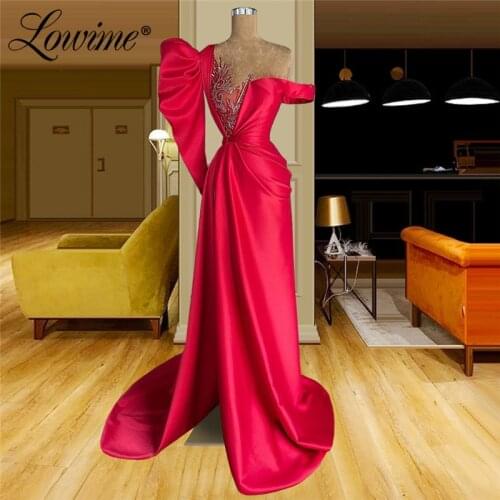 Lowime Dubai Design Arabic Long Satin Evening Dresses Mermaid Evening Wear 2021 Plus Size Long Sleeve Celebrity Party Dresses
