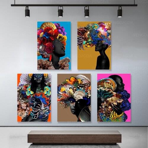Modular Color Hair African Woman Abstract Art HD Prints Home Decor Poster Picture Canvas Painting For Living Room Wall Framework