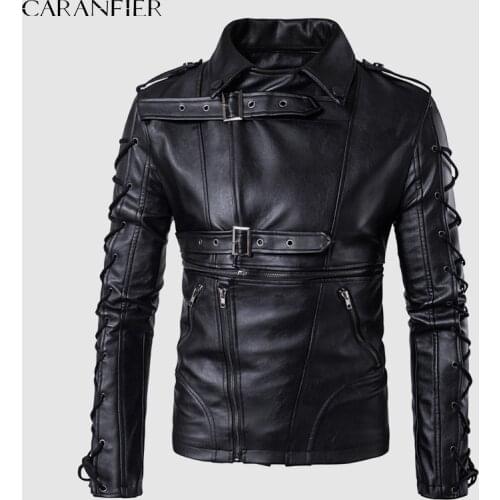 CARANFIER Mens PU Leather Jackets Men Drawstrings Motorcycle Coat Male Punk Streetwear Turn-down Collar Vintage chaquetas hombre
