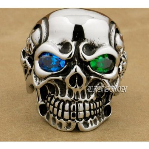 316L Stainless Steel Blue Green CZ Eyes Titan Skull Mens Boys Biker Ring 3A501A US Size 8-15