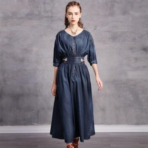 Autumn Denim Long Dress 2020 Vintage Womens Slim Embroidery Dresses Female Single Breasted O neck Half SLEEVE Dress Q82267