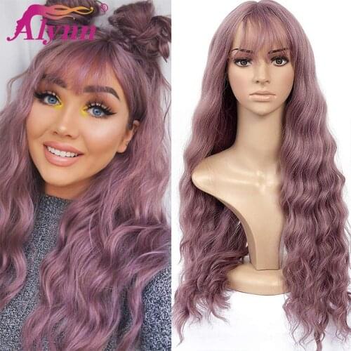 Alynn Long Curly Wig Synthetic Hair With Bangs Grey Pink Wavy Wigs Silky Full Heat Resistant For Women Daily Cosplay Party Use