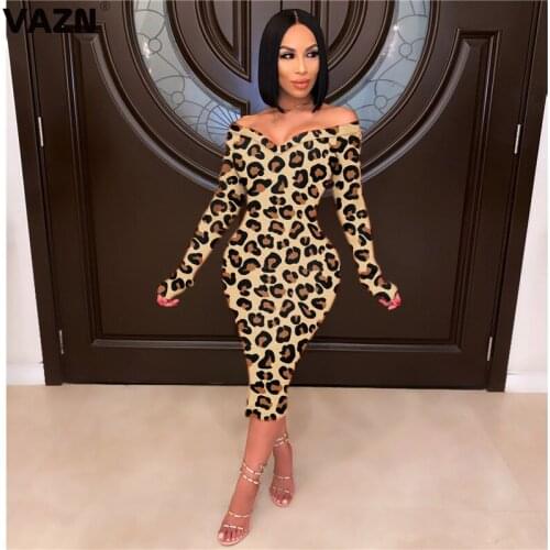 VAZN New Leopard Print Off Shoulder Elegant Fashion Mujer Chic Ladies Slim Holiday Shinny Dress 2020 Full Sleeve Lady Maxi Dress