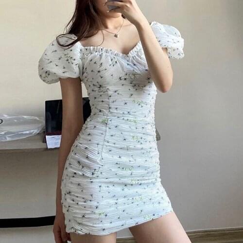 Floral Dress Women Elegant Sexy Chiffon Bodycon Femme Birthday Wear Lovely Puff Sleeve High Waist Trendy Summer Holiday Sundress