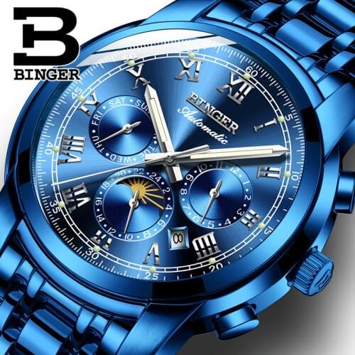 New Switzerland Automatic Mechanical Watch Men Binger Luxury Brand Men Watches Sapphire Multi-function relogio masculino B1178-8