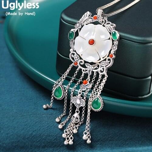 Uglyless Exaggerated Big Size Ethnic Pendants Women 95MM Long Necklaces NO Chains Jade Sakura Floral Jewelry 925 Silver Tassels
