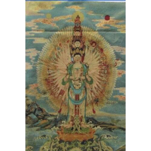 Golden silk embroidery thangka thousand arms kwan-yin Tibet and Nepal