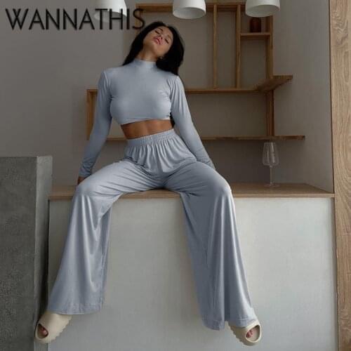 WannaThis Yoga Two Piece Set Women Long Sleeve Solid Crop Top and Women Loose Jogger Fitness Pantalones Casual Trousers Set2021