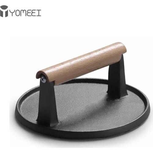 YOMEEI Round Steak Plate Meat Wooden Handle Fried Meat Barbecue Press Plate Cast Iron Squid Fried Steak Plate BBQ Tools