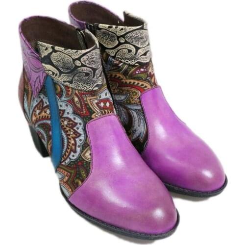 Genuine Leather Boots For Women Winter Shoes Ankle Woman Ladies Med Heel Flower Print Platform Zip 2019 New Design Free Shipping