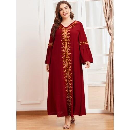 2021 Summer Dress Long Sleeve Women V Neck Embroidery Party Dress Red Loose Oversize Plus Size Abaya Dubai Turkey Muslim Dresses