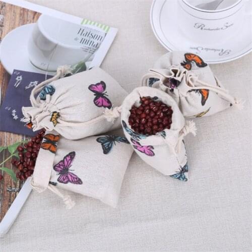 500Pcs/Lot Butterfly Printed Linen Muslin Cotton Gift Drawstring Bags Bracelets Bangle Jewelry Wedding Party Favor
