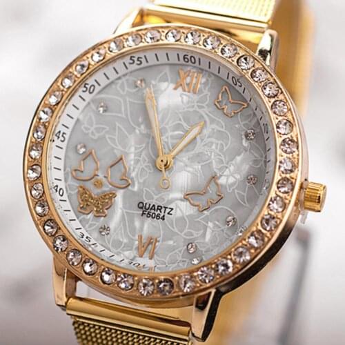 HOT SALE New Arrival Women Wrist Watch Fashion Butterfly Face Rhinestone Gold tone Mesh Band Quartz clock Analog Stainless Steel