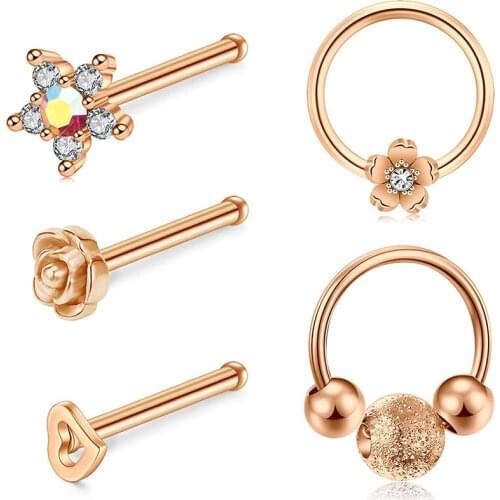 20G Nose Rings Hoop Surgical Stainless Steel Nose Studs CZ Flower Rose Flower Heart Top Nose Studs Nostril Piercing