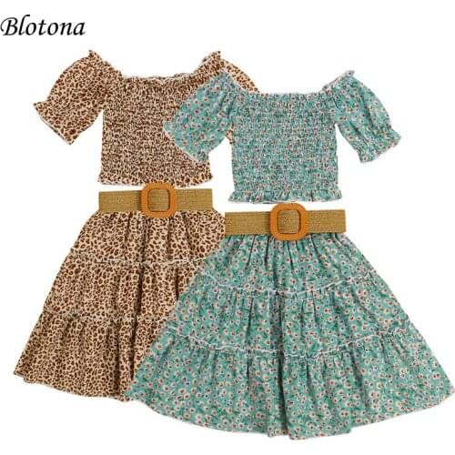 Blotona Sweet Girls Summer Casual 3Pcs Clothes Set, Short Sleeve Crop Tops, Long Skirt and Waistband, Khaki/Lake Green, 1-6Years