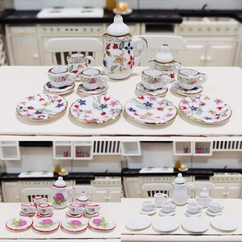 1/12 Dollhouse Mini Flower Print Ceramic Tea Set Model Toy Accessories DIY Props Kids Educational Toys for Children Gifts