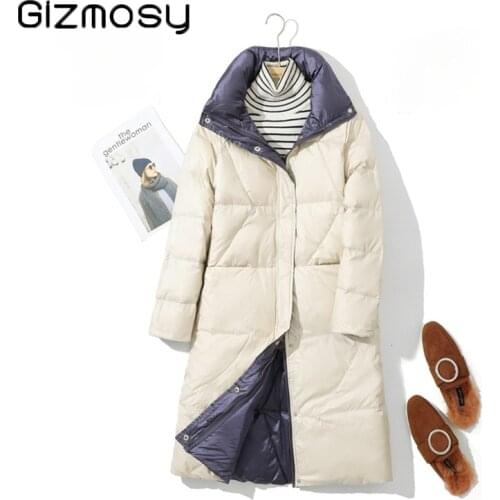 Gizmosy Womens Down Jacket 2021 Winter Double Sided Wear Korean Slim White Duck Down Coat Women Snow Outerwear Warm Overcoat
