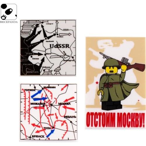 WW2 Military Minifigs Accessories Building Blocks Soviet Army Soldier Weapons Mini Print Poster Map 2X2 Bricks Figure Parts Toys