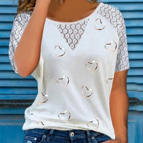 2021 New Design Tshirt Good Quality Fashion Womens Lace Hollow Stitching Short-Sleeve Round Neck T-Shirts Casual Blouse