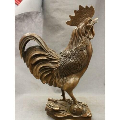 Wholesale factory 18" Chinese Bronze Copper Year Zodiac Wealth Coin Cock Rooster Up Head Statue 25% off