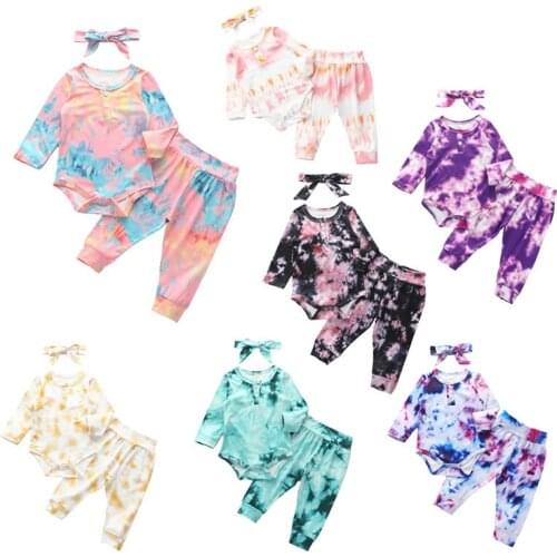 Fall Baby Boy Girl Tie Dye Romper Set Cloth Christmas Toddler Bow Headband+Jumpsuit+Pant 3pc Outfit Newborn Maternity Leave Suit