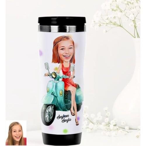 Personalized Women 'S Vespa Themed Caricature Of Steel Thermos cup