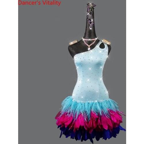 Latin Dance Dress Diamond Feather Skirt Competition Clothes High-End Custom Adult Child Rumba Cha-cha Performance Clothing