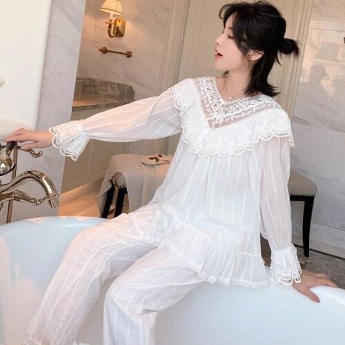 Spring and autumn embroidery lace princess French court retro woven cotton pajamas suit home goddess can wear outside пижам