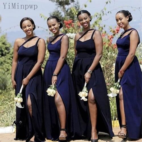 YiMinpwp Dark Navy Bridesmaid Dresses One Shoulder Side Split Floor Length A Line Satin Wedding Guest Gowns for Women Plus Size