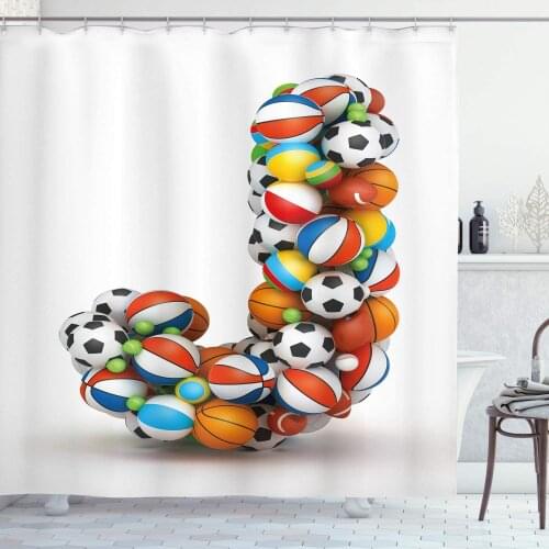 Letter J Shower Curtain Letter J Capitalized Sportings Basketball Football Pigskin Fun Games Design Bathroom Decor Set with Hook
