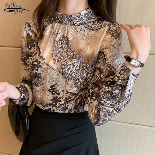 New Elegant Floral Blouse Women Casual Plus Size Stand Collar Female Shirts Long Sleeve Printing Ladies Clothing Blusas 13089