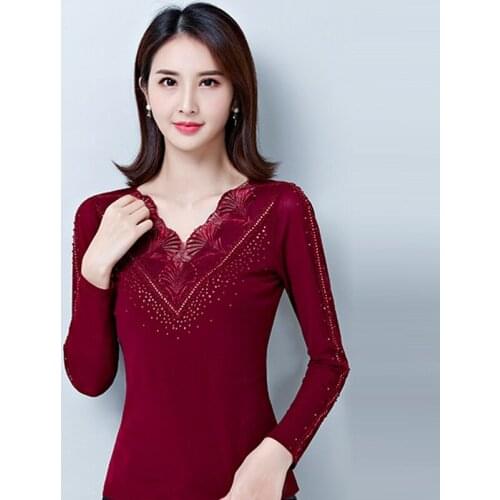Winter Fall Fashion Women Slim Stretch V Neck Lace Patchwork Rhinestone Fleece Warm Shirt , 4xl Wine Red Black Shirts For Woman