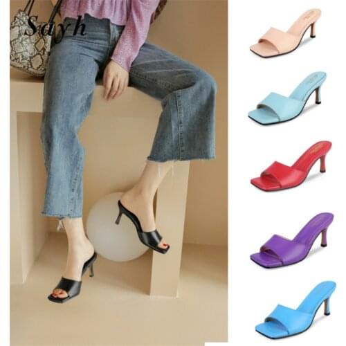2020 Summer Women Pumps Square Toe Ladies Heel Mules Sexy Thin High Heels Sandals Slippers Female Fashion Woman Shoes 7CM