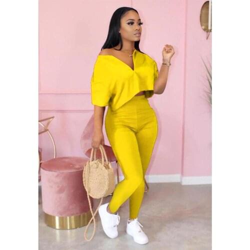 Casual Sets High Stretchy Sporty 2 Pieces for Women Zippers Collar Short Sleeve Crop Top Sheath Skinny Elastic Waist Long Pants