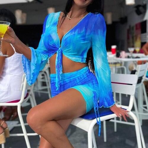 Printed Mesh Tie Up Top And Skirt Matching Sets Flare Long Sleeve Holiday Club Outfit For Women Casual Drawstring 2 Piece Set