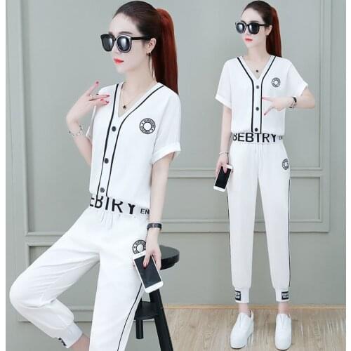 Summer Casual Short Sleeve Tracksuit 2 Piece Women Korean V-Neck Print Letter T-Shirt Tops + Sweatpants Suit Jogging Sets
