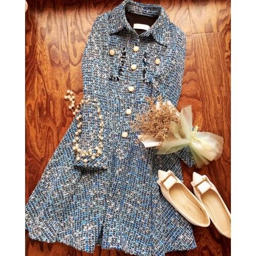 2020 autumn winter women elegant blue tweed dresses single breasted vintage office lady blazer dress mini dress Y664