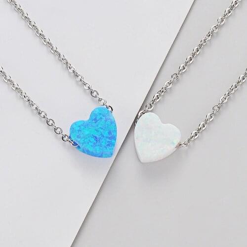 2pcs/lot Stainless Steel Exquisite Simple 8mm Heart High Quality Opal Pendant Necklace For Women Synthetic Opal Heart Necklace