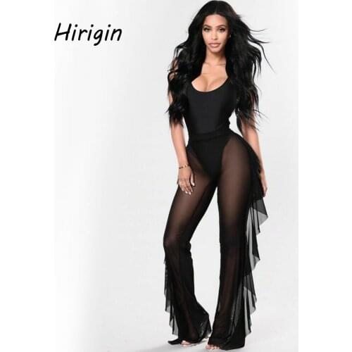 2020 women swimwear sexy see through mesh bikini wide leg ruffles Cover Up pants Swimwear Transparent Long Trousers beach wear