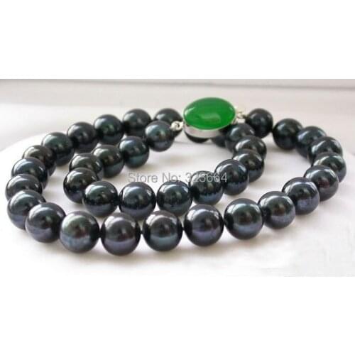 AAA++ 17" 12mm ROUND BLACK FW PEARL NECKLACE GREEN CLASP