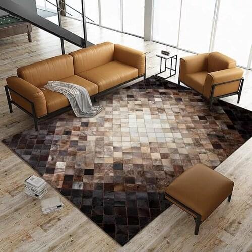 American style luxury natural brown color cowhide patchwork rug , genuine calfskin fur chequer carpet for living room