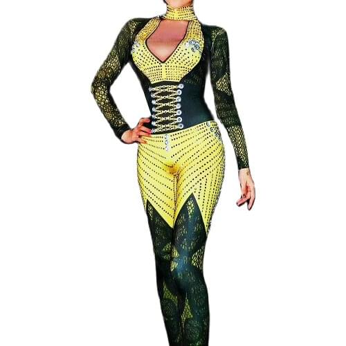 Sparkly Diamonds Women Long Sleeve Jumpsuits Nightclub Pole Dancing Show Stage Wear Evening Prom Birthday Celebrate Costumes