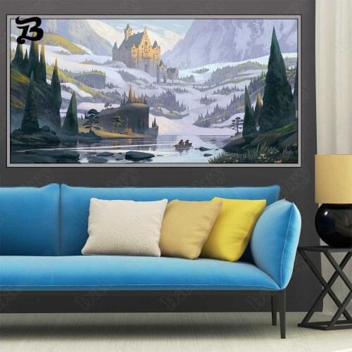 Canvas Painting Wall Art Landscape Snow Mountain Castle River Cartoon Drawing Posters Prints for Living Room Home Decoration