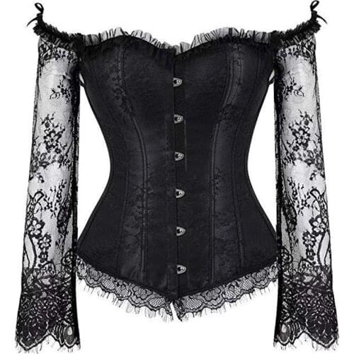 Sexy Lingerie Women Corset Bustier Top Overbust Sexy Nightclub Clothing Steampunk Gothic Lace Long Sleeves Corsets Costume