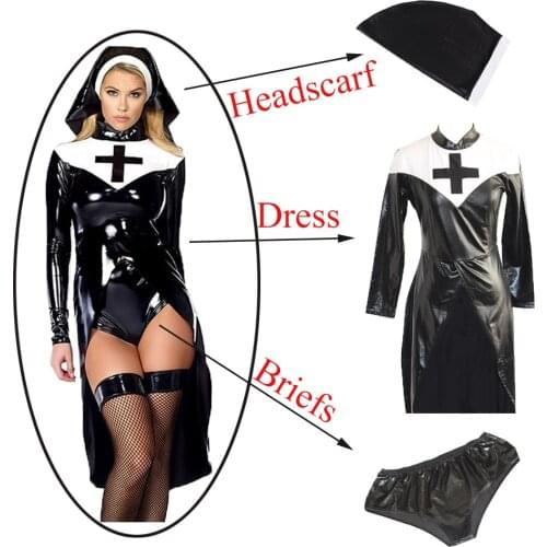 Nun Cosplay Costume Halloween Roleplay Outfit Clubwear Long Sleeves Crop Top with Mini Bodycon Dress and Headpiece With Panties